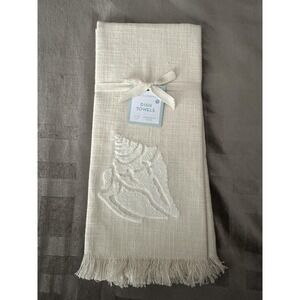 Two's Company Dish Towels Set Of 2 Beige Embroidered Seashell Coastal Nautical
